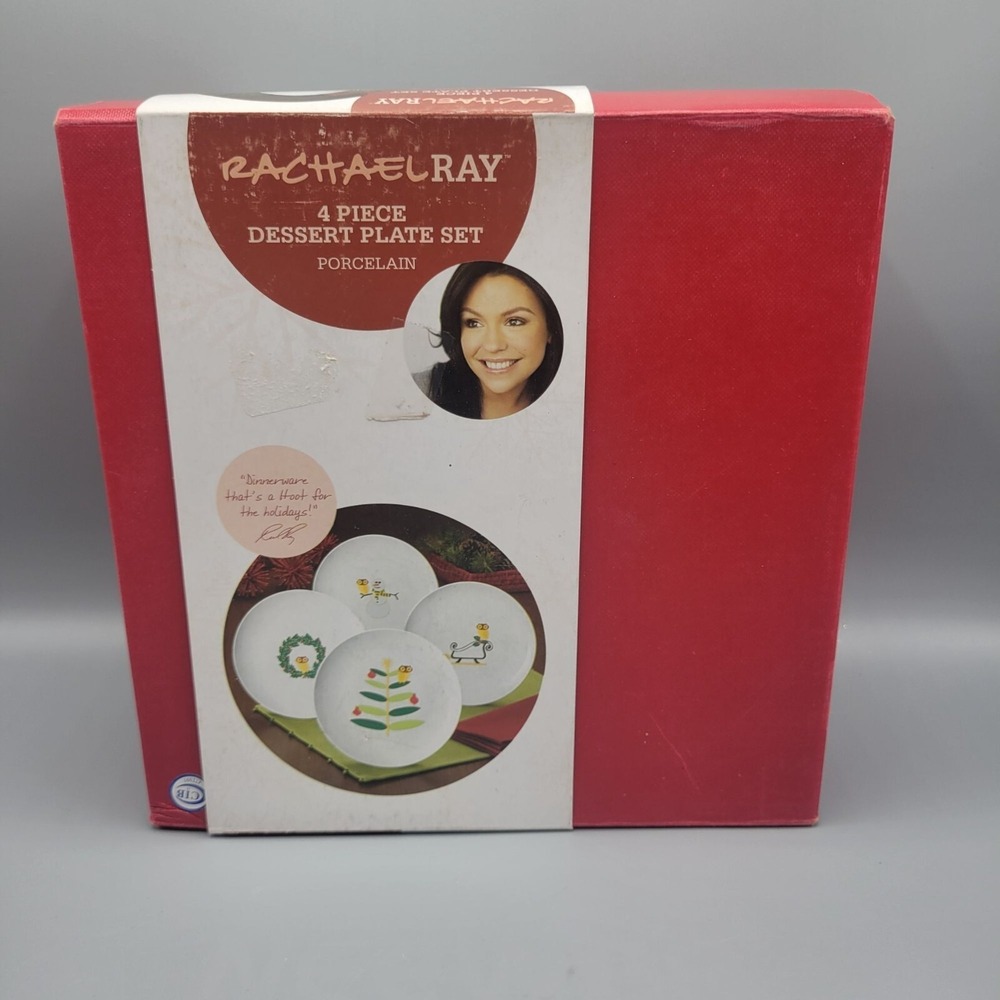 Rachael Ray Porcelain 4-Pc Dessert Plate Set Holiday Hoot Design Christmas